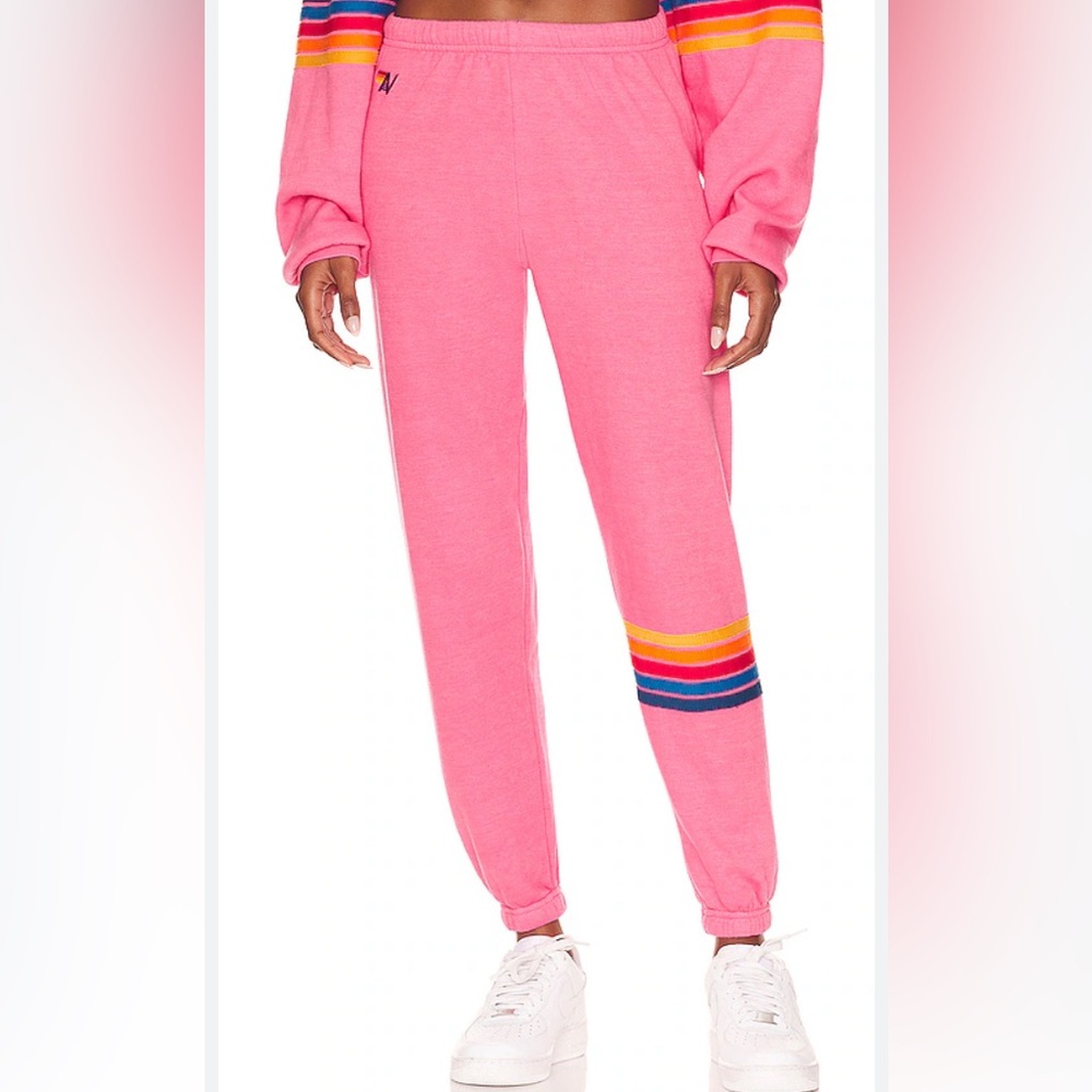 Aviator Nation Women's 5 Stripe Rainbow Stitch Sweatpants in Pink Size S